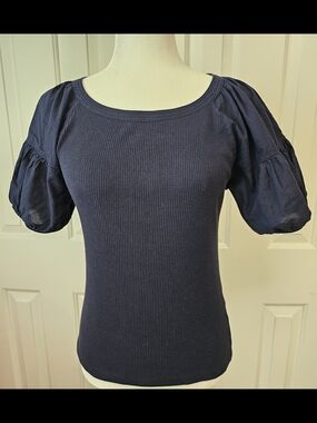 J. Crew Navy Ribbed Puff-Sleeve Tee